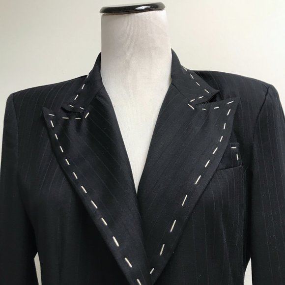 Unconditional Black blue pinstripe stitched embroidered wool silk lined blazer M - Picture 2 of 8